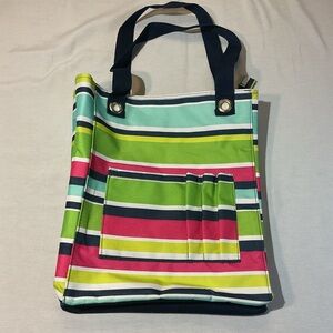 Thirty One Tall Organizing Tote Bag Green/Blue/Yellow/Red Striped Preppy Pop
